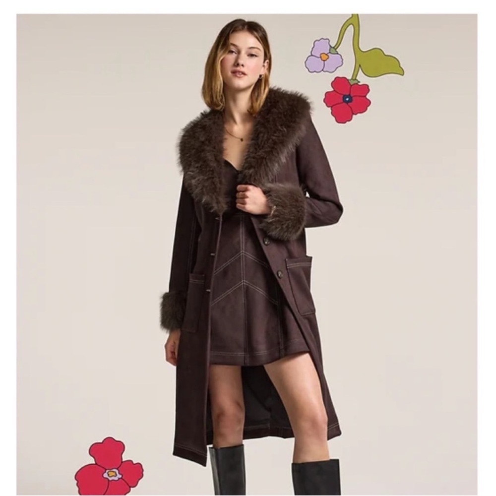 Old Navy x Anna Sui Brown Faux Fur-Trimmed Women's Coat Limited Edition Medium